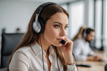 Attentive customer service representative wearing headset in a busy call center environment.
