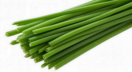 Obraz premium Fresh green vibrant chives stalks tied together with a clean crisp texture, concept for healthy cooking, culinary ingredients and organic food preparation