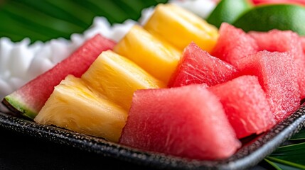 Tropical Fruit Platter with Watermelon Pineapple and Coconut Slices. Generative AI