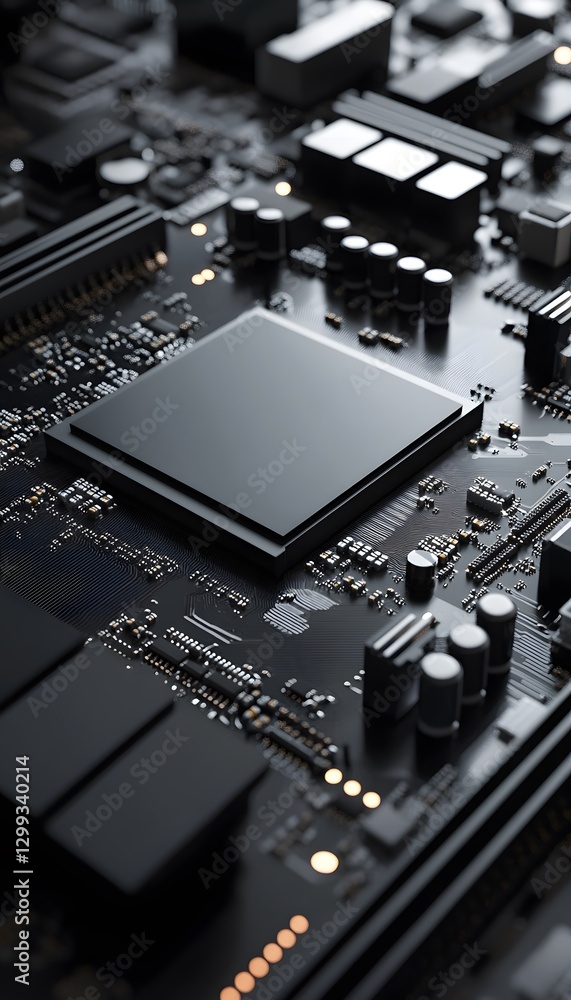 Poster a close up of the complex black computer circuit board