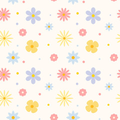 Seamless floral pattern in pastel tones. Pink, blue, and yellow flowers with small dots on a light background. Perfect for children's clothing, textiles, packaging, wallpapers. Vector spring pattern.