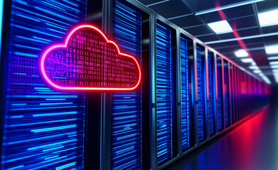 A glowing digital cloud symbol overlaid on a data center with streams of binary code representing cloud computing.