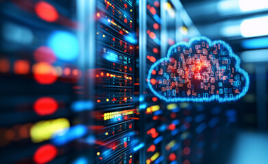 A glowing digital cloud symbol overlaid on a data center with streams of binary code representing cloud computing.