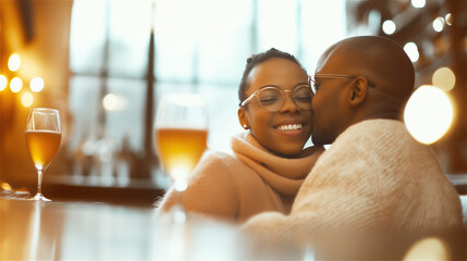 Romantic couple embracing in cozy restaurant with warm ambient lights. Happy interracial partners sharing affectionate moment over dinner with copy space.