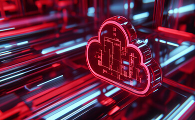A glowing digital cloud symbol overlaid on a data center with streams of binary code representing cloud computing.