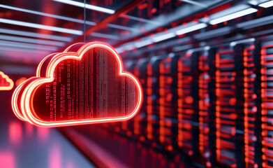 A glowing digital cloud symbol overlaid on a data center with streams of binary code representing cloud computing.