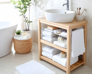 Modern bathroom vanity, towels, storage