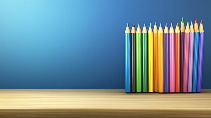 Fototapeta premium Colorful pencils on wood shelf against blue wall; education, creativity