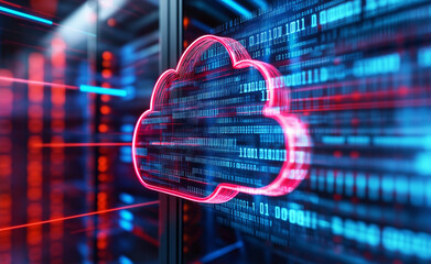 A glowing digital cloud symbol overlaid on a data center with streams of binary code representing cloud computing.