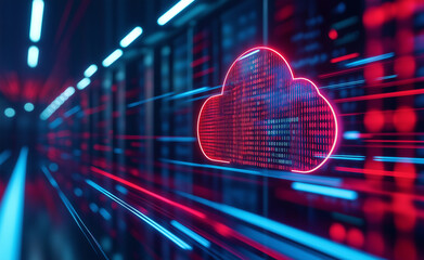 A glowing digital cloud symbol overlaid on a data center with streams of binary code representing cloud computing.