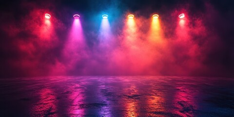 Colorful stage lights illuminate an empty venue during a nighttime event creating a vibrant atmosphere
