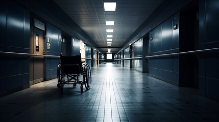Isolated wheelchair in dimly lit hospital high resolution picture