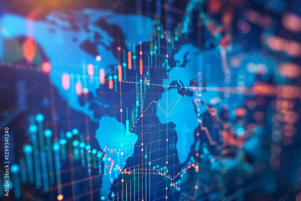 Poster an abstract image depicting a world map with superimposed data visualizations, illustrate the interc