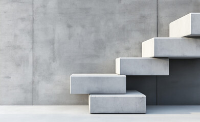 A stack of minimalist white cubes arranged against a smooth concrete wall.