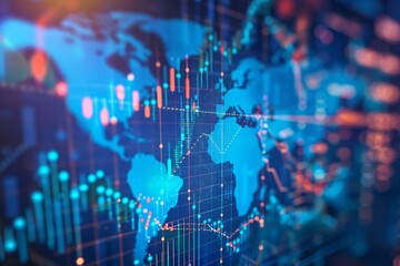 An abstract image depicting a world map with superimposed data visualizations, Illustrate the interconnectedness and complexity of global financial markets