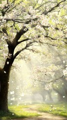 Fototapeta premium Spring blossoms path, sunlight forest, peaceful nature scene, wallpaper