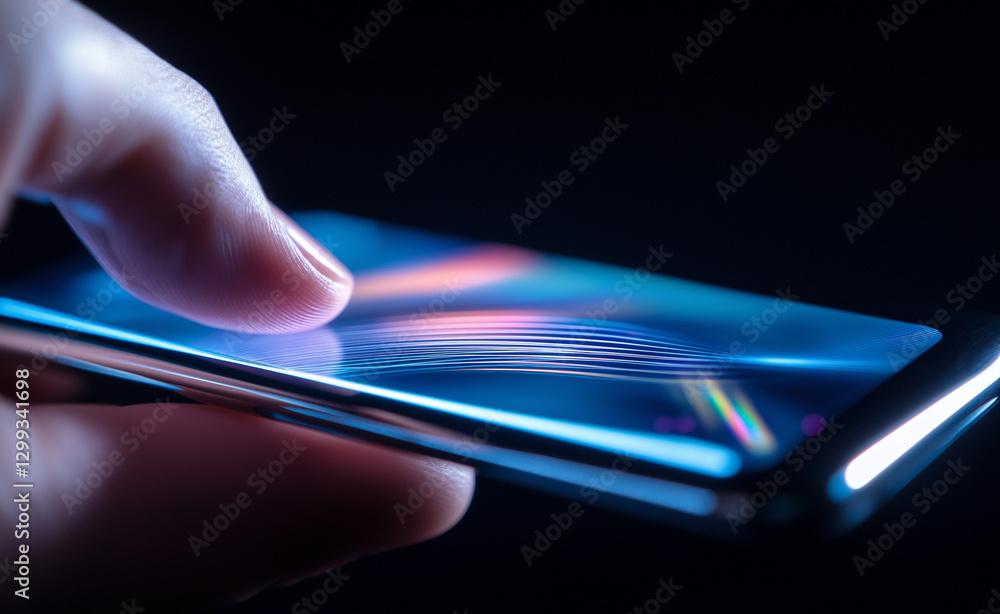 Poster a close-up of a hand using a smartphone in a dimly lit environment with glowing bokeh lights.