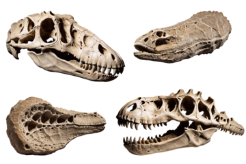 Ultra-realistic fossilized dinosaur bone set with rugged texture, isolated on transparent background.