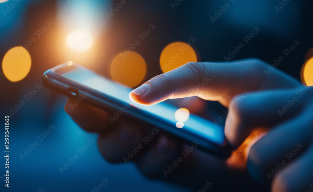 Poster a close-up of a hand using a smartphone in a dimly lit environment with glowing bokeh lights.