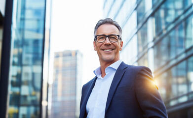 Fototapeta premium A confident middle-aged businessman in a suit and glasses smiling outdoors with warm sunlight in the background.