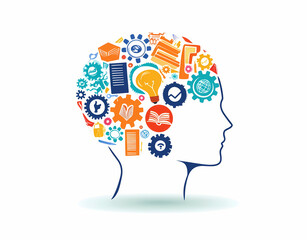 Elegant, colorful brain with gears, a lightbulb, and book icons inside it on a white background