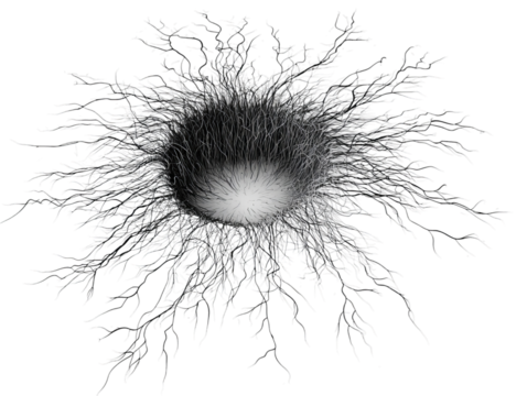 Abstract black and white illustration of an intricate, circular structure with radiating tendrils resembling neural networks or root systems.