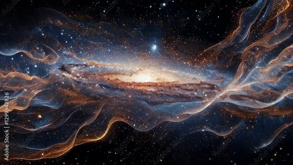 Poster ethereal galaxy footage with swirling nebula clouds. cosmic space background video clip for science 