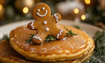 Gingerbread man on pancakes with lights, at home, for festive holiday breakfast
