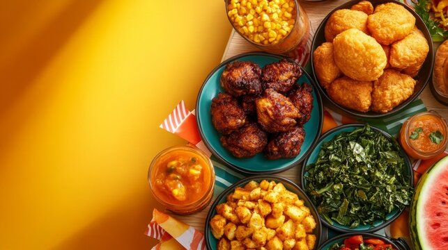 Vibrant Juneteenth Meal with Fried Chicken Greens and Cornbread. Generative AI