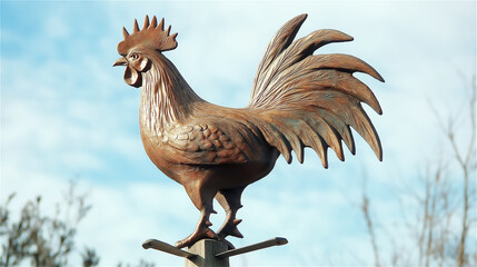 Weathered copper rooster weathervane standing against clear blue sky, symbolizing traditional weather forecasting and rustic outdoor charm.