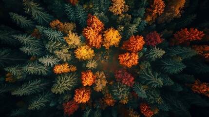 Autumn color change observed from above forest aerial photography nature bird's eye view