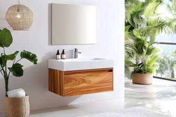Modern floating vanity, bright bathroom