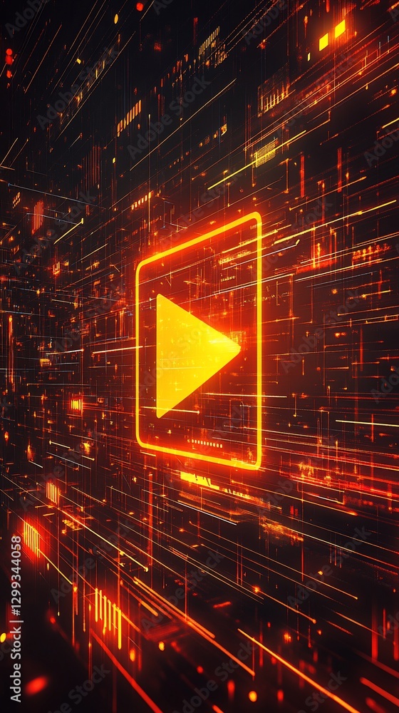 Poster glowing play icon in digital matrix with linear blurred background. use tech