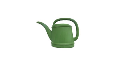 A green used watering can with a traditional design, centered on a plain white background