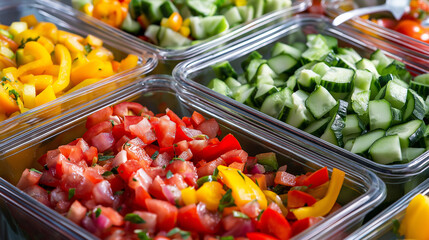 A close-up of fresh mixed salad with cherry tomatoes, cucumbers, and leafy greens in plastic containers.