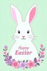 Obraz premium Easter bunny with flowers' frame on green background, easter card concept