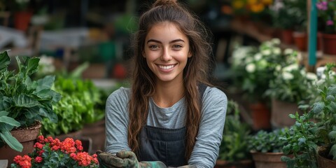 Young woman smiles and poses among vibrant flowers in a lively garden market during a sunny day
