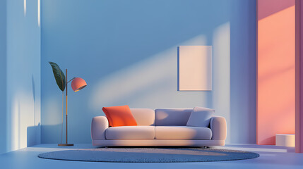 modern interior design with a sofa and blue wall, front view, a carpet on the floor, a lamp on the left side