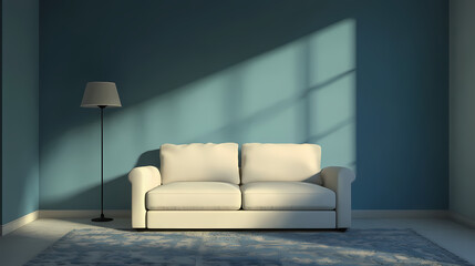 modern interior design with a sofa and blue wall, front view, a carpet on the floor, a lamp on the left side