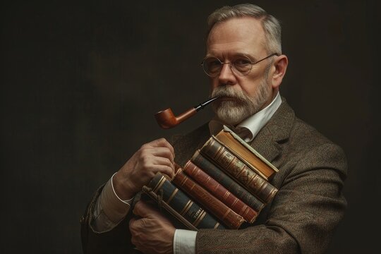A man with a beard and glasses in a tweed jacket holds a stack of books and smokes a pipe, A stern-looking academic in a tweed suit, holding a stack of books under one arm and a pipe in his mouth - Powered by Adobe
