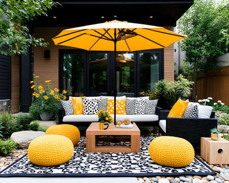 Modern patio, yellow accents, backyard oasis