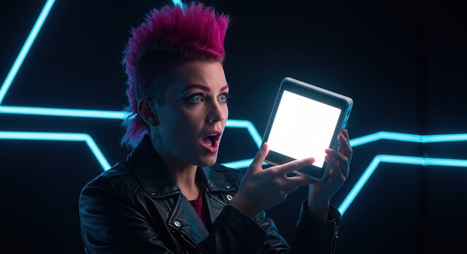 Amazed Punk Woman Reacting to Tablet Content in Neon Light - Surprised Female with Pink Mohawk Looking at Glowing Screen in Dark Cyberpunk Setting.