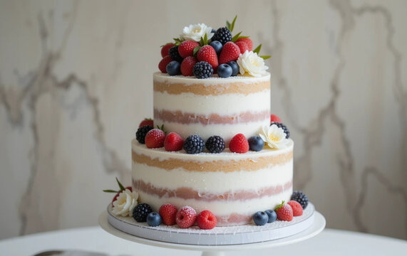 tiered vanilla cake with white frosting and berries, floral accents, marble background