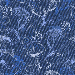 Seamless abstract denim pattern with splattered paint, blots, butterfly, chamomile flowers. Outline contour illustrations. Random composition. Grunge boho style. Dotted textured background