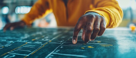 Hand points at blueprint, industrial, indoors, construction or engineer use