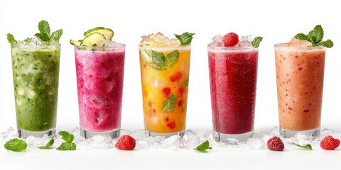 Colorful assortment of refreshing fruit-based beverages served in tall glasses, ice-filled and garnished with mint leaves