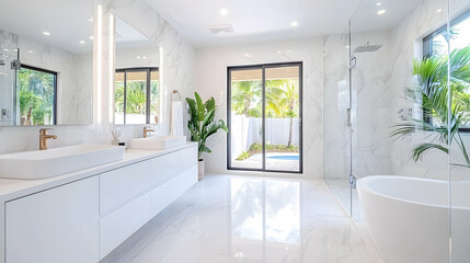 Modern white bathroom, pool view