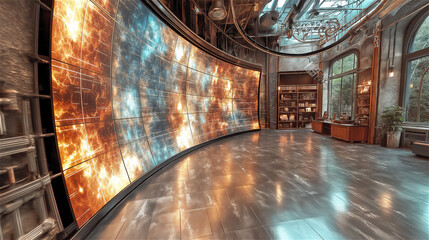 Futuristic control room with curved digital screens displaying real-time data and weather simulations, representing advanced climate monitoring technology.