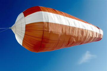Obraz premium Bright orange windsock stretched by strong wind against a vivid blue sky with white clouds, showing wind direction for aviation and weather monitoring.