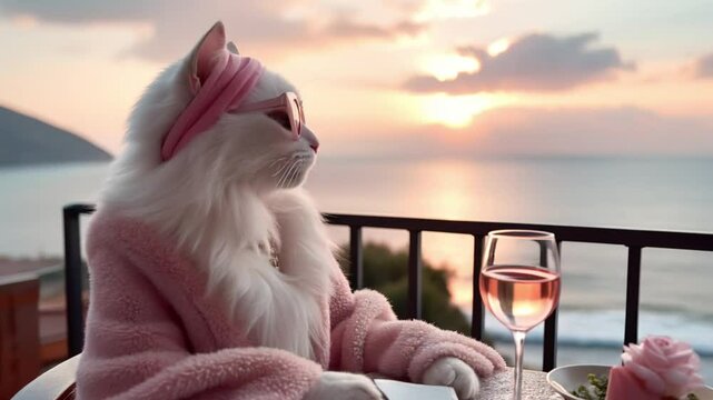 rich well-groomed long-haired white cat sits on veranda in evening and drinks wine, in pink sunglasses and clothes. admires seascape. concept of enjoying life.